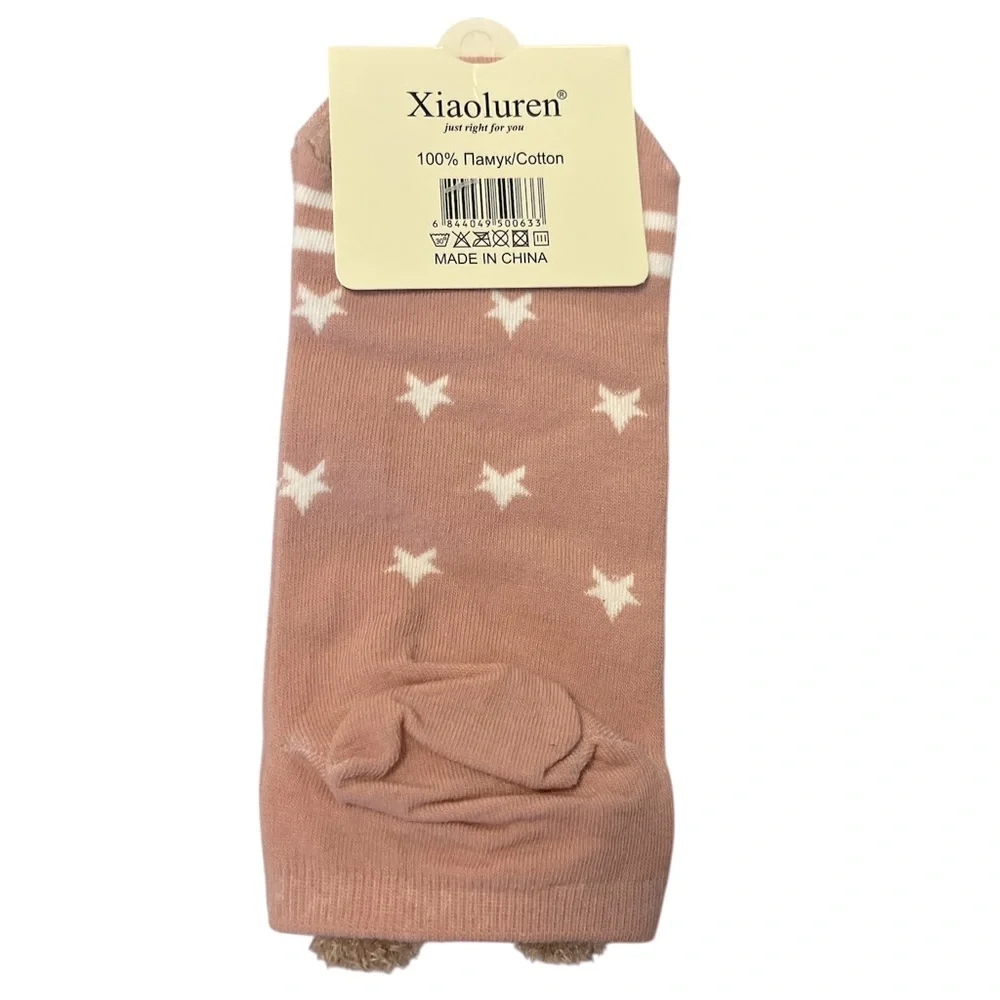 Pink Kawaii Cat Socks With White Star Pattern